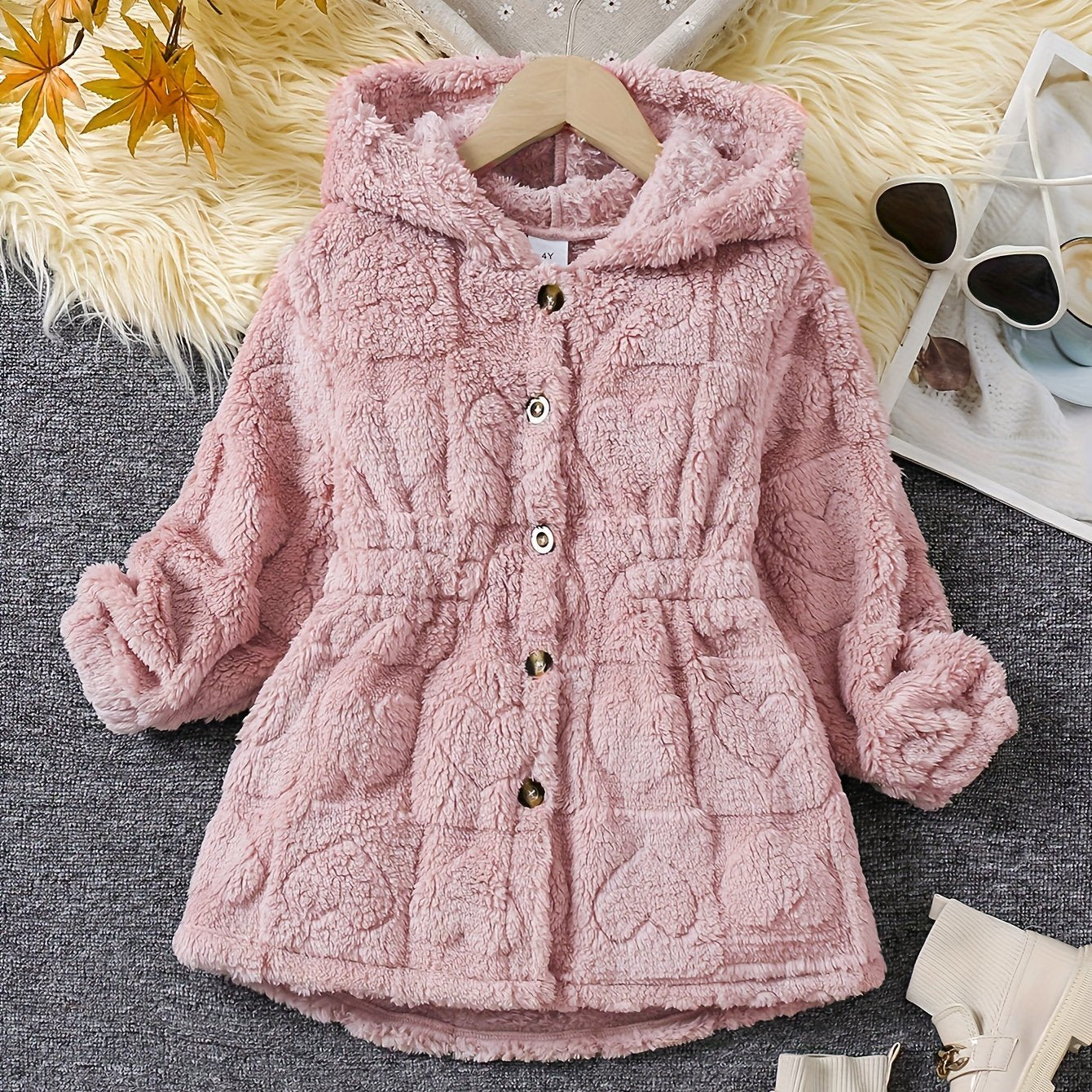 Chic Girls' Hooded Heart Pattern Fleece Cardigan - Cozy & Cute Outerwear for Fall/Winter, Machine Washable