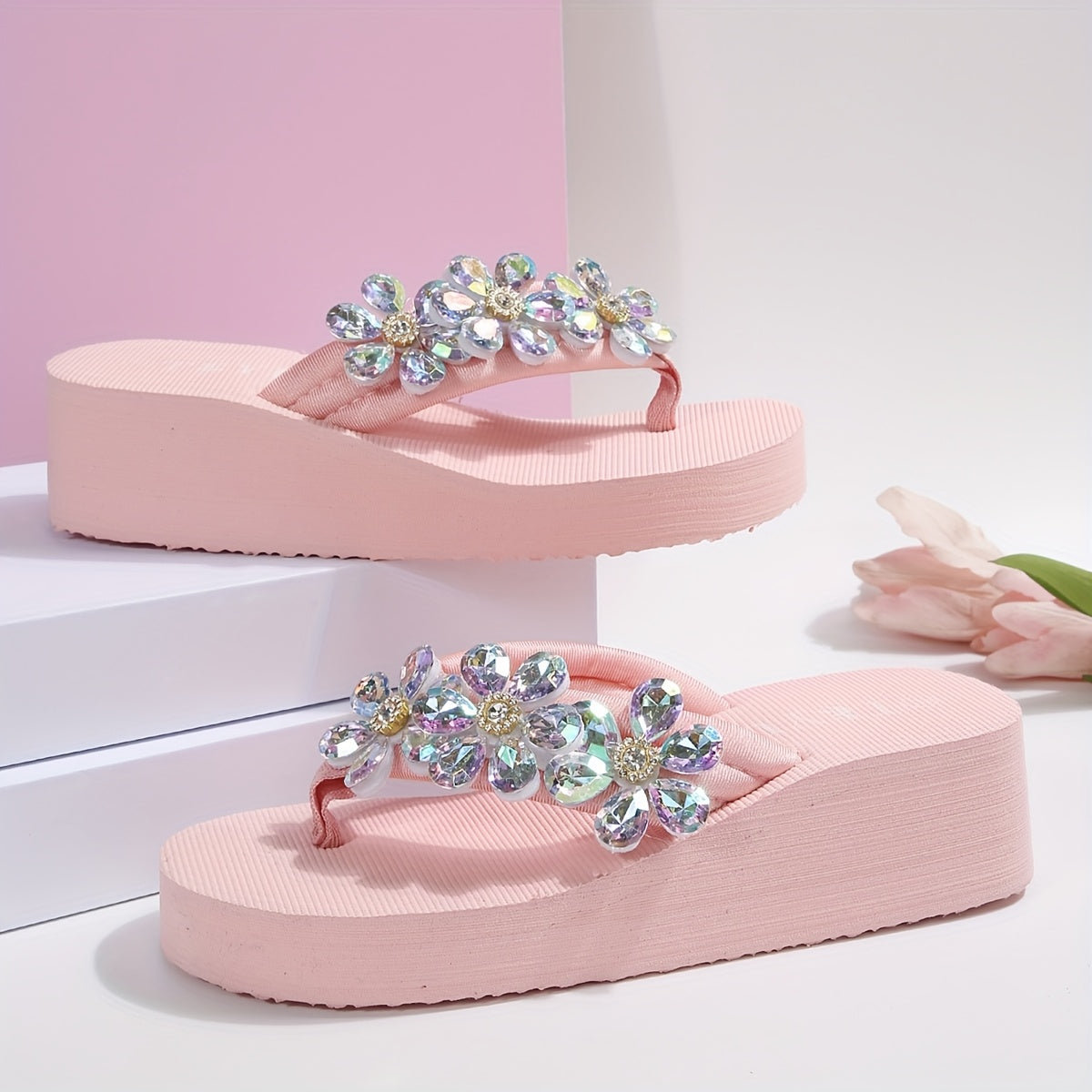 Women's Rhinestone Floral Slip-On Sandals - Thick EVA Sole Mid-Heel Slide Shoes with Elastic Ankle Strap, Lightweight Summer Beach Vacation Footwear for Casual Outings, Strappy Sandals, Glittering Shoe Design, Slipon Construc