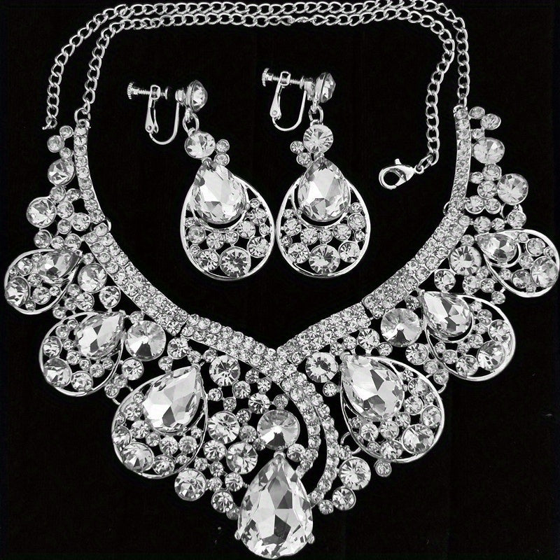 3pcs new fashion heavy industry bridal ear pin and ear clip earring necklace three-piece jewelry suitable for daily wedding banquet wear