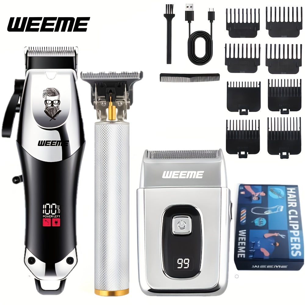 Men's Grooming Kit 3pcs Set, Golden Balck Hair Clippers with LCD Display, USB Rechargeable, 8 Guide Combs, Trimmer And Shaver, with Cleaning Brushes And Comb, Gift for Men
