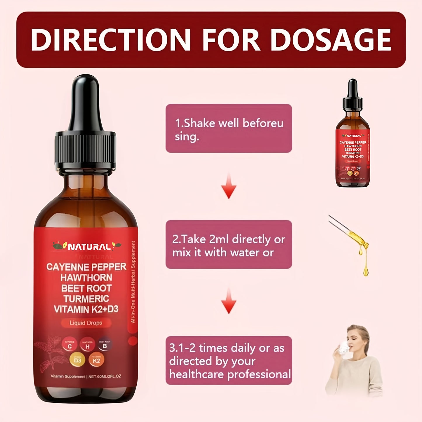 Vitamin K2 D3 Cayenne Pepper Liquid Drops, Beet Root, Turmeric, Ginseng, Ceylon Cinnamon, Daily Wellness Supplement, Allergy Friendly, 2.03oz,Mother's Day gift to mother
