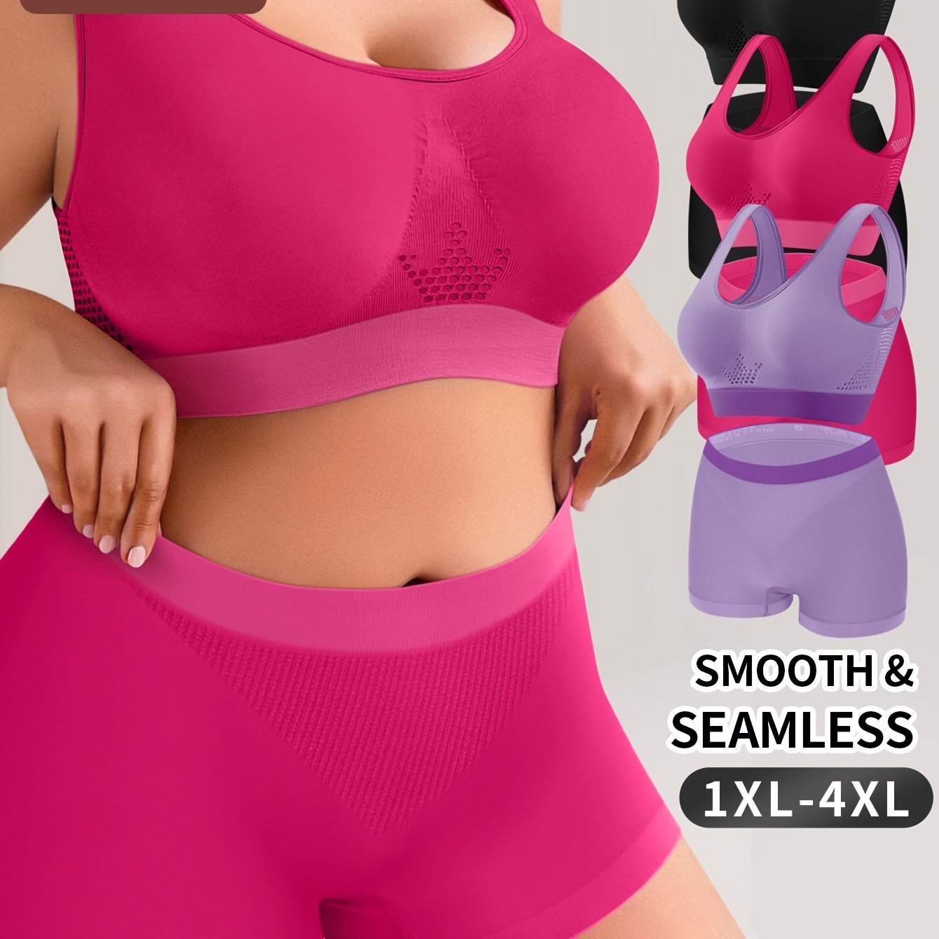 3 Sets Plus Size Simple Underwear Set, Women'S Solid Hollow Out Seamless Tank Bra & Boyshorts Underwear Set