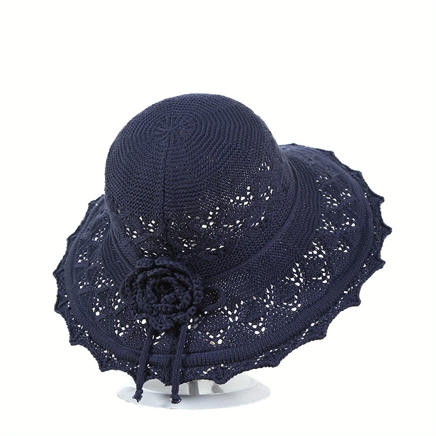 MONYPLAY Women's Summer Crochet Straw-Style Acrylic Sun Hat - Wide Brim Lightweight Floppy Beach Hat with Floral Embellishments, Machine Washable for Outdoor, Garden & Picnic