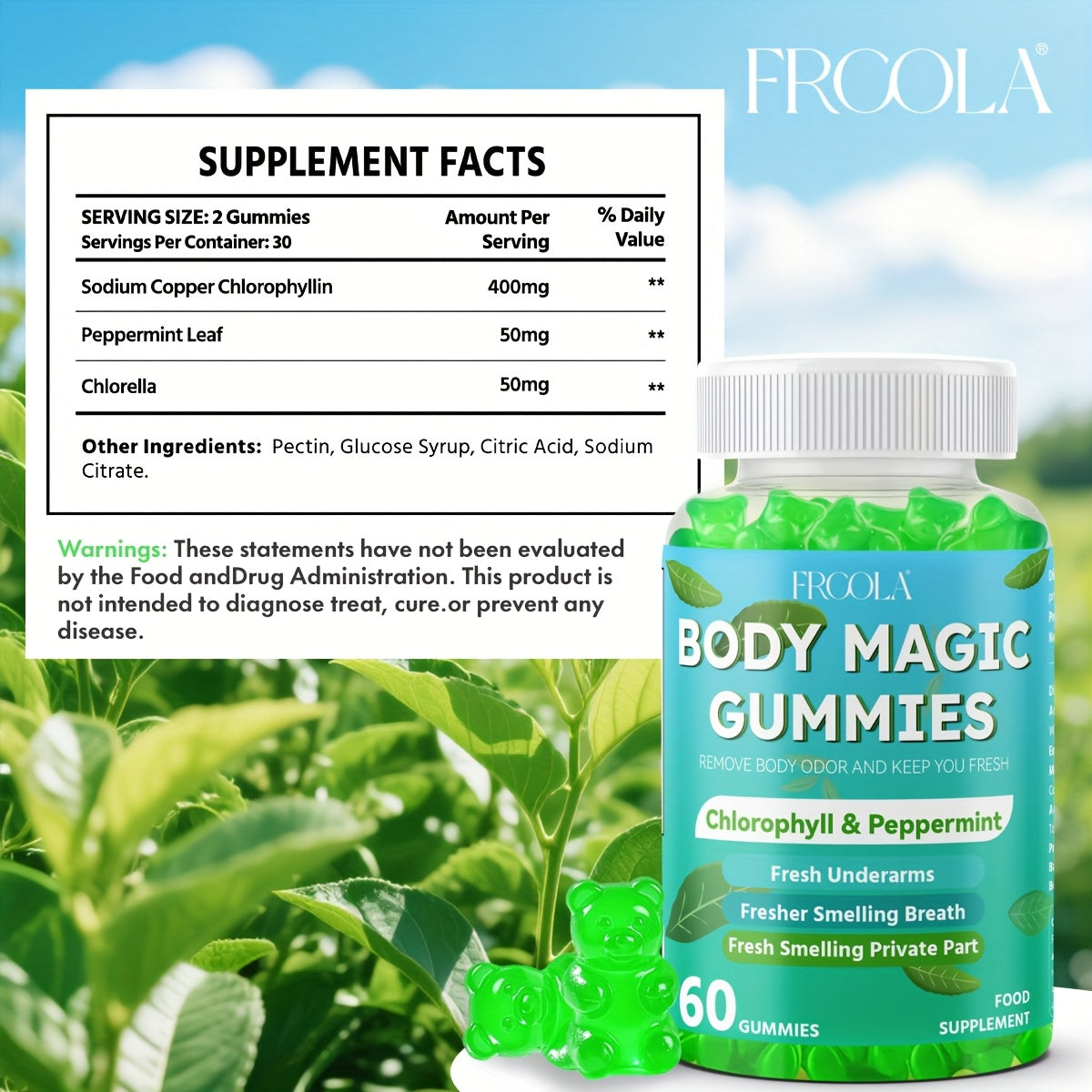 Natural Chlorophyll Gummies - Chlorophyll Daily 60 Gummies, Freshens Breath, Natural Body Deodorizing Supplement, Chlorophyll Herbal Gummies For Women And Men