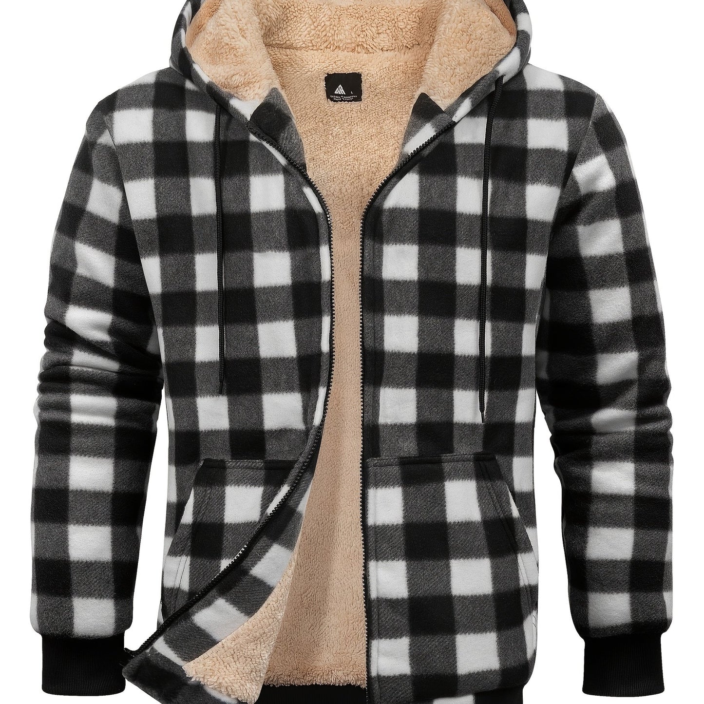 Men's Heavyweight Fleece Hooded Jacket - Full-Zip Sherpa Lining, Thick Winter Coat with Plaid Pattern (Blue/Black/Beige/Brown), Zippered Pockets, Hand Washable, Casual Outerwear for Cold Weather & Everyday Use - Ideal for Ski