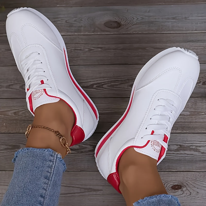 2025 New Women's Low-Top Skateboard Sneakers - Breathable Synthetic Cover & Fabric Upper, Comfortable Rubber Sole, White with Red Accents - Sporty Casual Shoes for All-Season Outdoor Wear, Skate Shoes, Sleek Sneaker Design, F