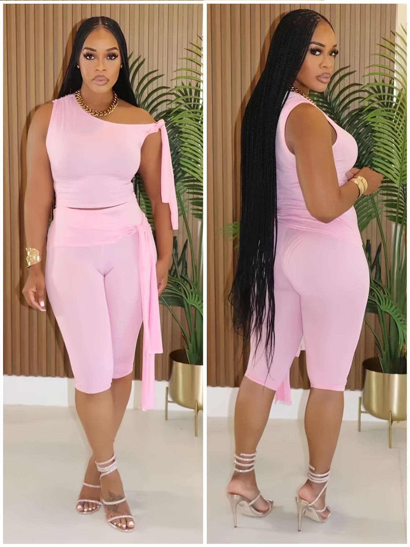 Plus Size - Fashion One-shoulder Strap Two-piece Suit Women'S High Waist Strap Leggings Casual Suit