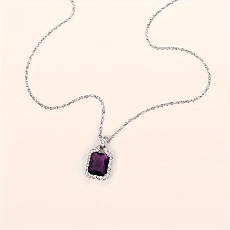 A Women'S Fashion Pendant Necklace Featuring a Vintage Luxurious Design with a Purple Cubic Zirconia Rectangular Cut Pendant, Perfect for Elegant Outfits at Parties And Gatherings, Making It a Stylish Gift for Mother'S Day.