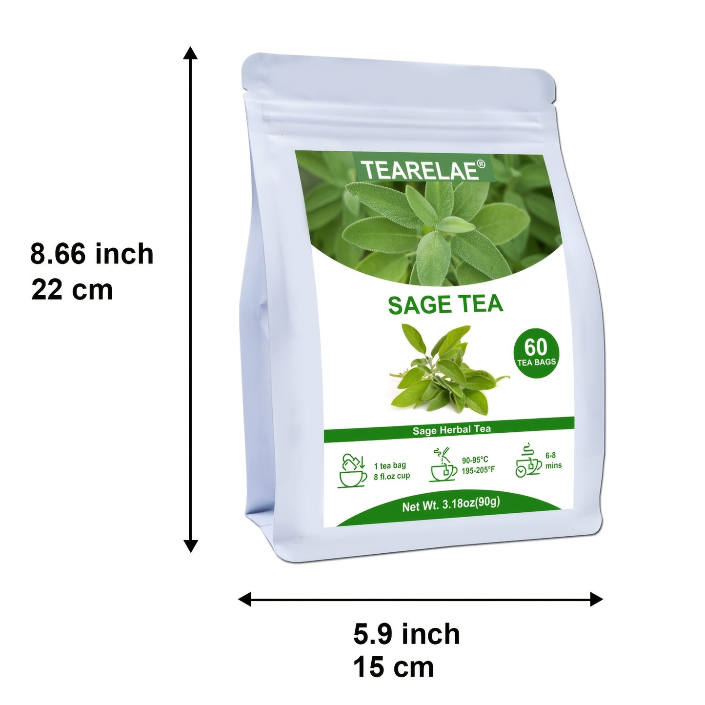 TEARELAE - Sage Tea - Caffeine-free Salvia Officinalis - Cut&Sifted Natural Sage Leaf Tea Bags - 3.18 oz (1.5g X 60 Bags)