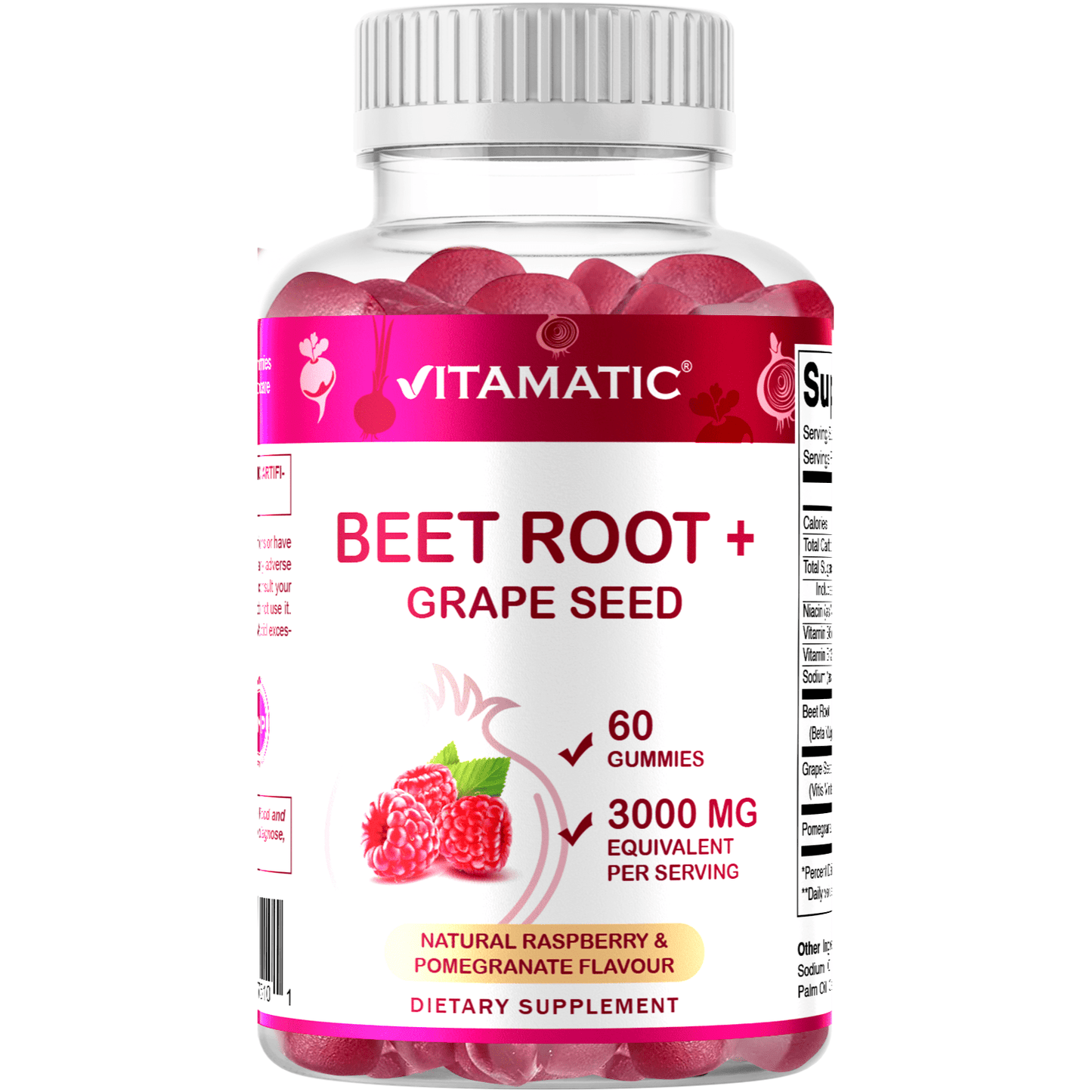Vitamatic Beet Root Gummies - 3000 mg Equivalent Per Serving - 60 Gummies - Made with Vitamin B6, B12, Grape Seed, Pomegranate & Nicotinamide