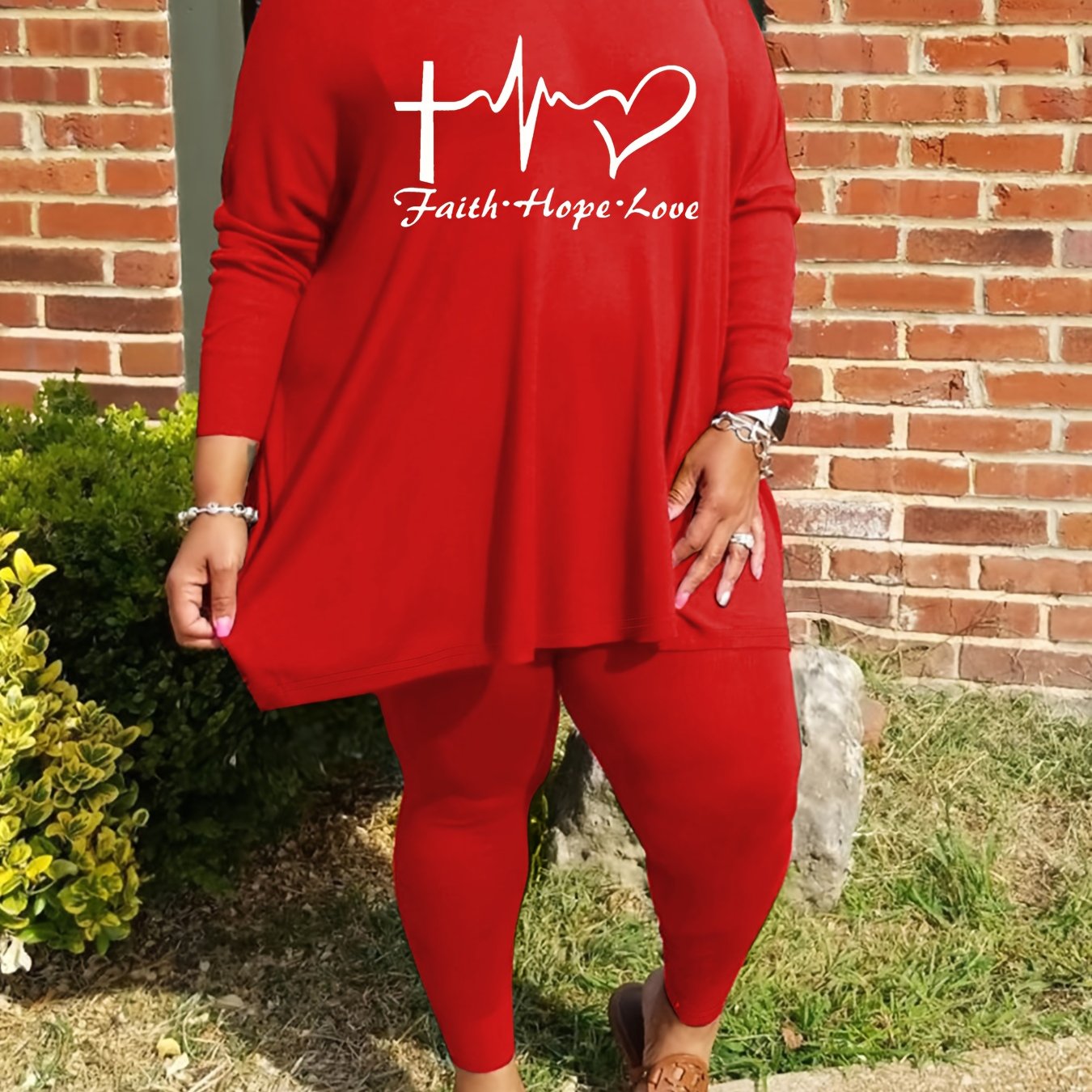 Plus Size - Plus Size - Women'S Plus Size Casual Crew Neck Long Sleeve Top & Pants Set - "Faith, Hope, Love" Letter Print with Pockets, Stretchy Polyester Blend, Black, Everyday Comfort Wear, Everyday Comfort Wear | Relaxed F