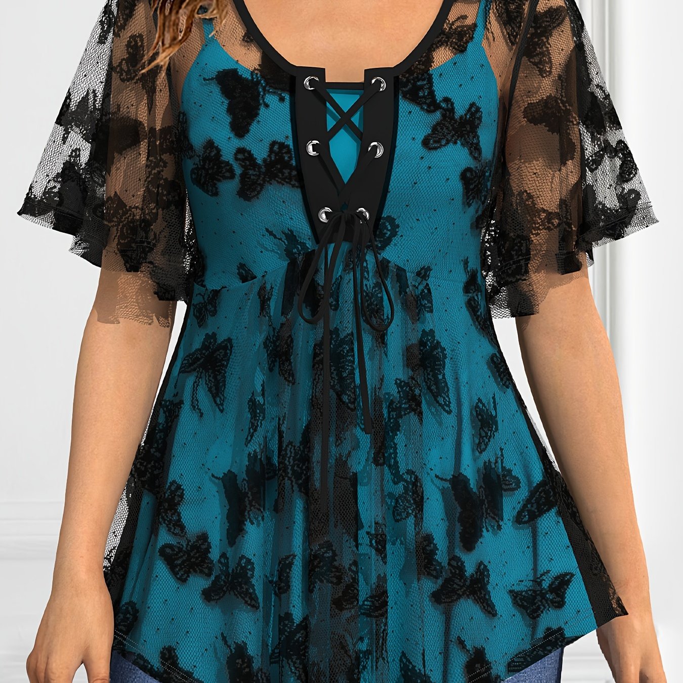 Plus Size Elegant Lace Up Butterfly Pattern Short Sleeve Top, Women's Clothing
