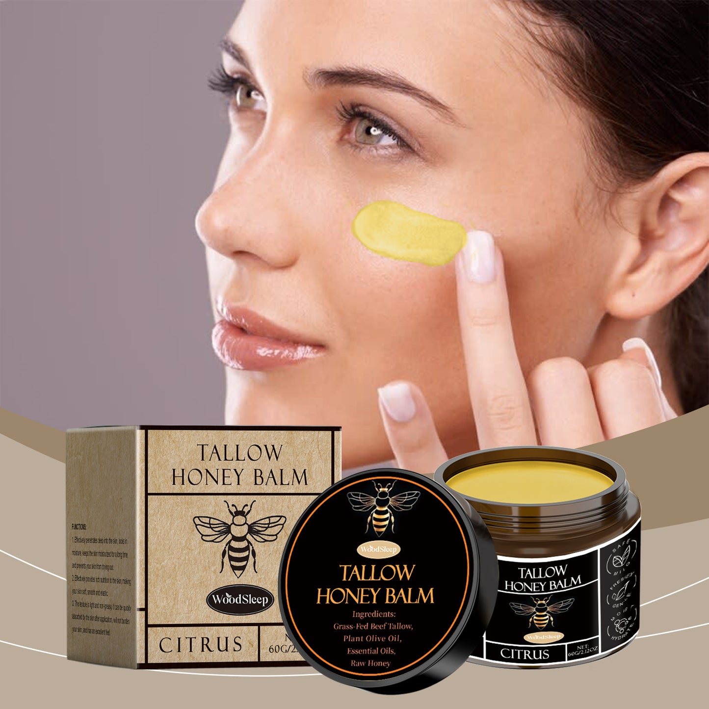 Organic Grass-Fed Beef Tallow Balm with Raw Honey, Smooth Light Beige - Handmade All-Natural Moisturize