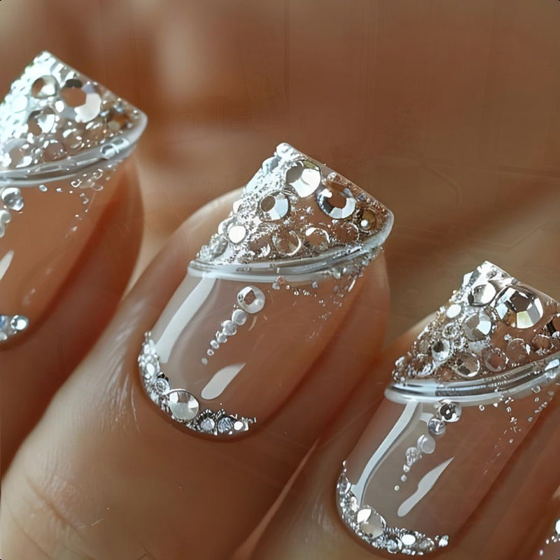 24pcs Square Press on Nails Rhinestone Fake Nails Glossy Nude Glue on Nails Full Cover False Nails Reusable Acrylic Nail Kit Cute Artificial Stick on Nails for Women DIY Manicure Decorations