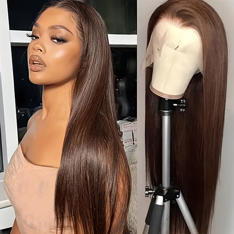 Chocolate Brown Straight Lace Front Wig - 13x4 HD Transparent Human Hair, 200% Density, Pre-Plucked with Baby Hair, Glueless Design for a Sleek, Natural Look