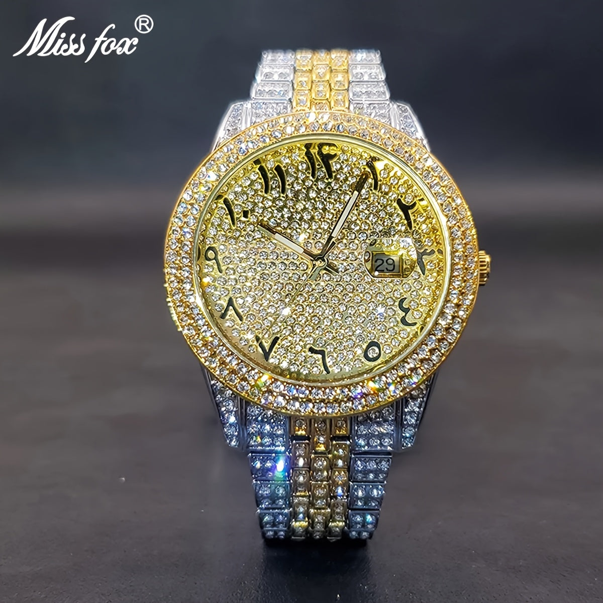 Men's Luxury Hip-Hop Watch with Sparkling Rhinestones, Quartz Movement & Date Calendar - Golden-Tone Metal -Accented Band, Battery-Powered for Parties, Dates, Valentine's Day Gifts, Hip Hop Jewelry, Date Night Watch, Rhinesto