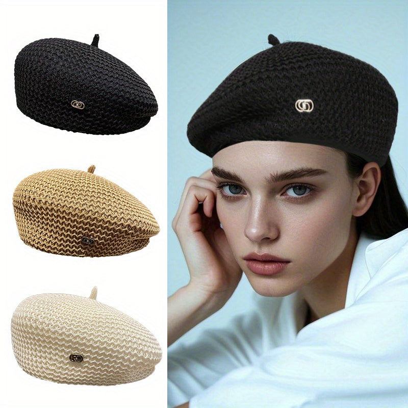 2pcs Women's Breathable Beret Hats - Spring & Summer Knitted Painter Caps, Casual Chic, Lightweight Fabric, Fashion Accessory in Black, Beige, and Brown