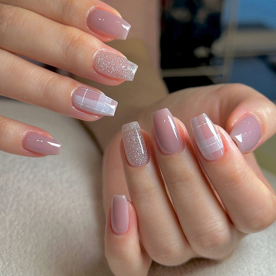 144pcs/6pcs Glitter Press On Nails - Square Medium Length False Nails with Geometric Stripes, Pale Pink & Orange Glossy Acrylic Full Cover Fake Nails with Glue for Women, Spring Summer Nail Art