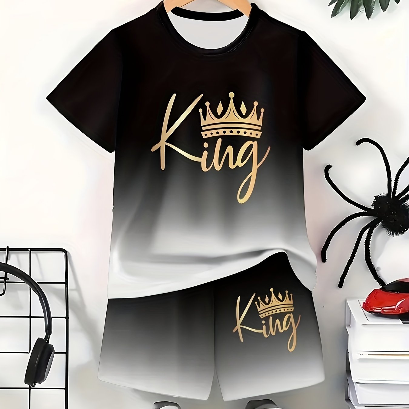 Summer Fashion Boys Cool Gradient Black Golden Letter "King" Crown Short Sleeve Shorts Set, Perfect For Summer Outdoor Activities, Daily Wear, Leisure, Entertainment, Parties, School, Travel, An Ideal Gift, for Outdoor