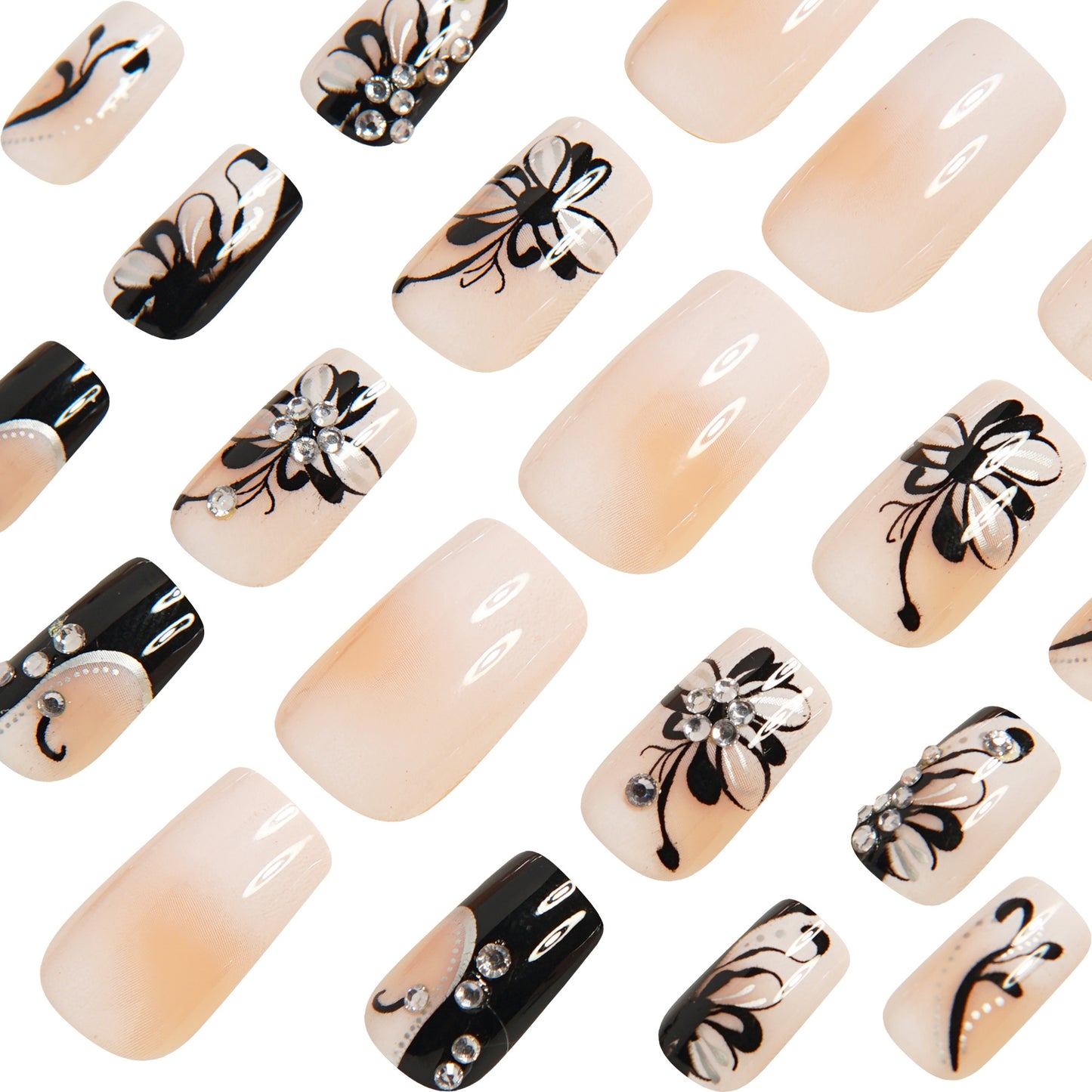 24pcs Spring and Summer Style Medium Water Pipe Black Butterfly Design Fake Nails 3D Rhinestone Silvery Lines Black French Simple High-end Wearable Nails Suitable for Women and Girls Daily Wear and Dating Removable Press-on N