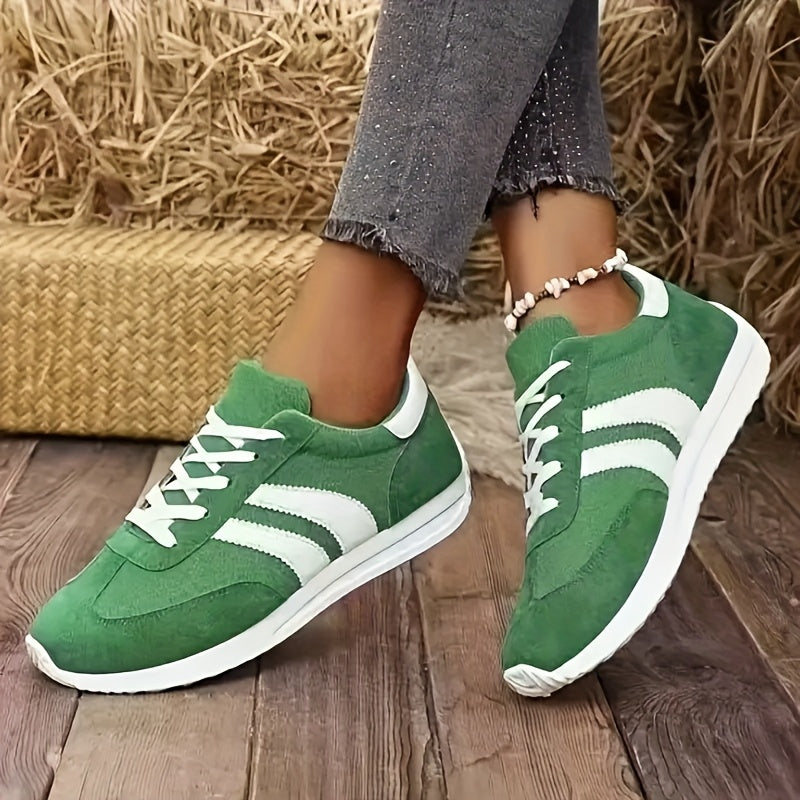 Women's Lightweight Skate Shoes - Easy-Clean Synthetic Microfiber Leather, Breathable Fabric Lining & EVA/Rubber Sole for Superior Grip - All-Season Casual Sports Sneakers with Striped Design (Red/Green), Lifestyle, Trendy Fo