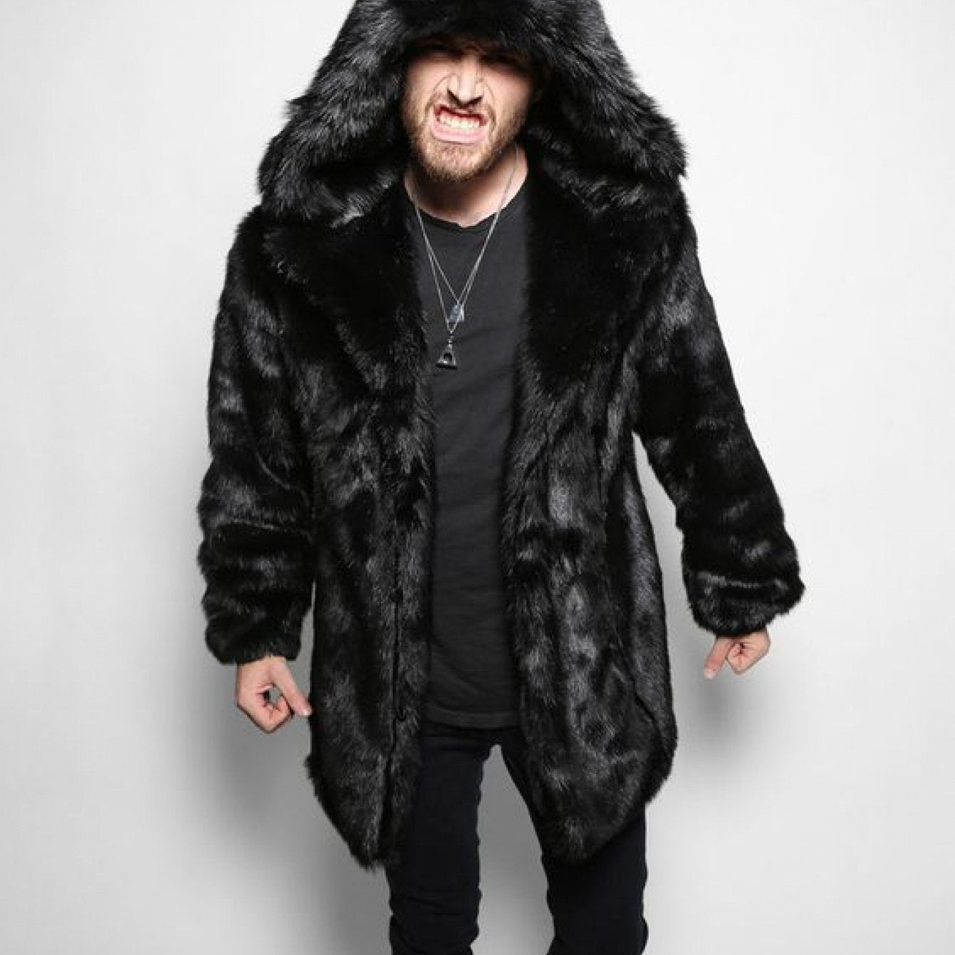 New European and American Style Faux Fur Coat for Men Winter Casual Warm Mink Fur Long Coat with Hood