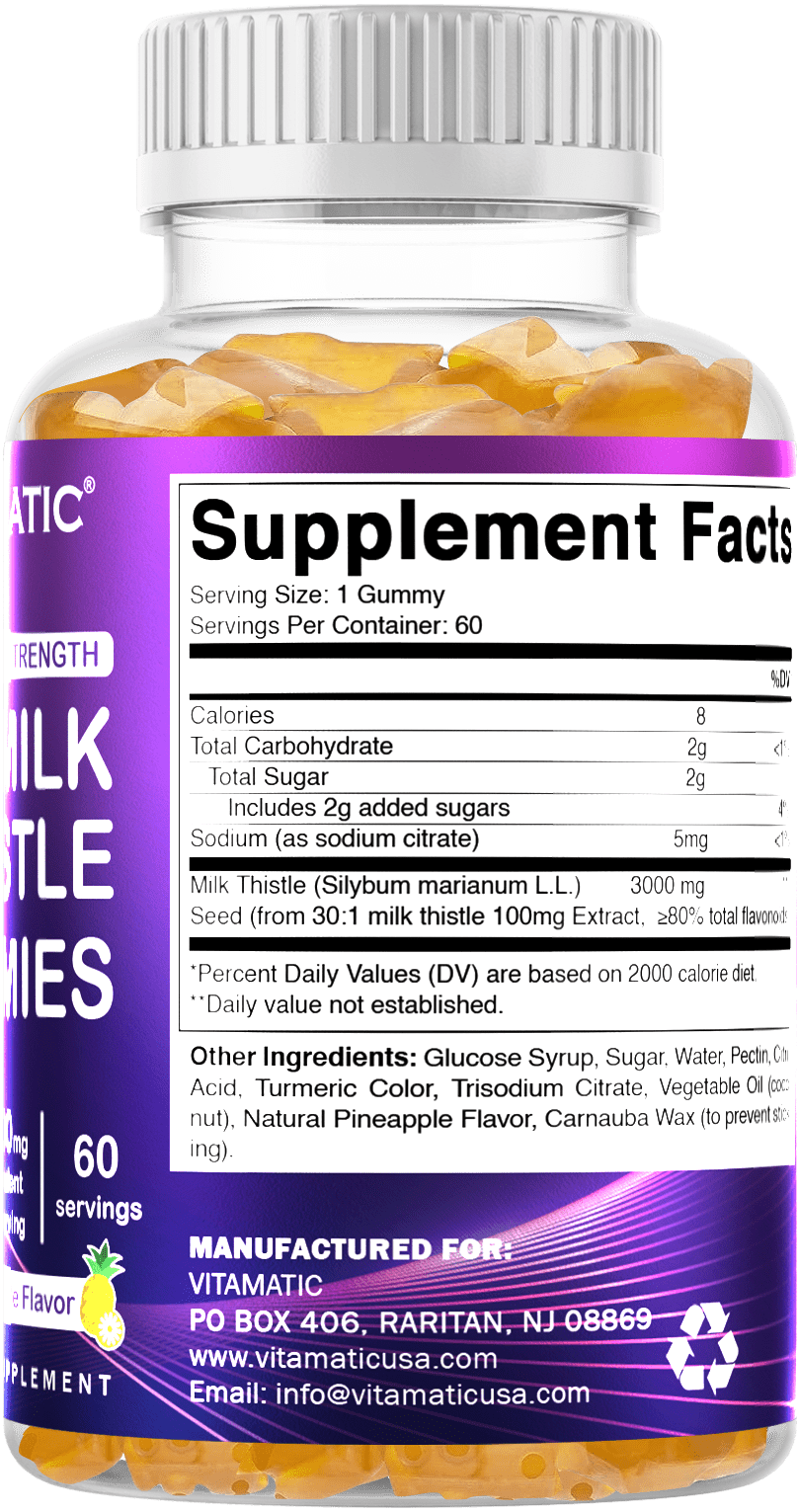Vitamatic Milk Thistle Gummies - 3000 mg Equivalent - Min. 80% Silymarin Flavonoids - 60 Pectin Based Gummie