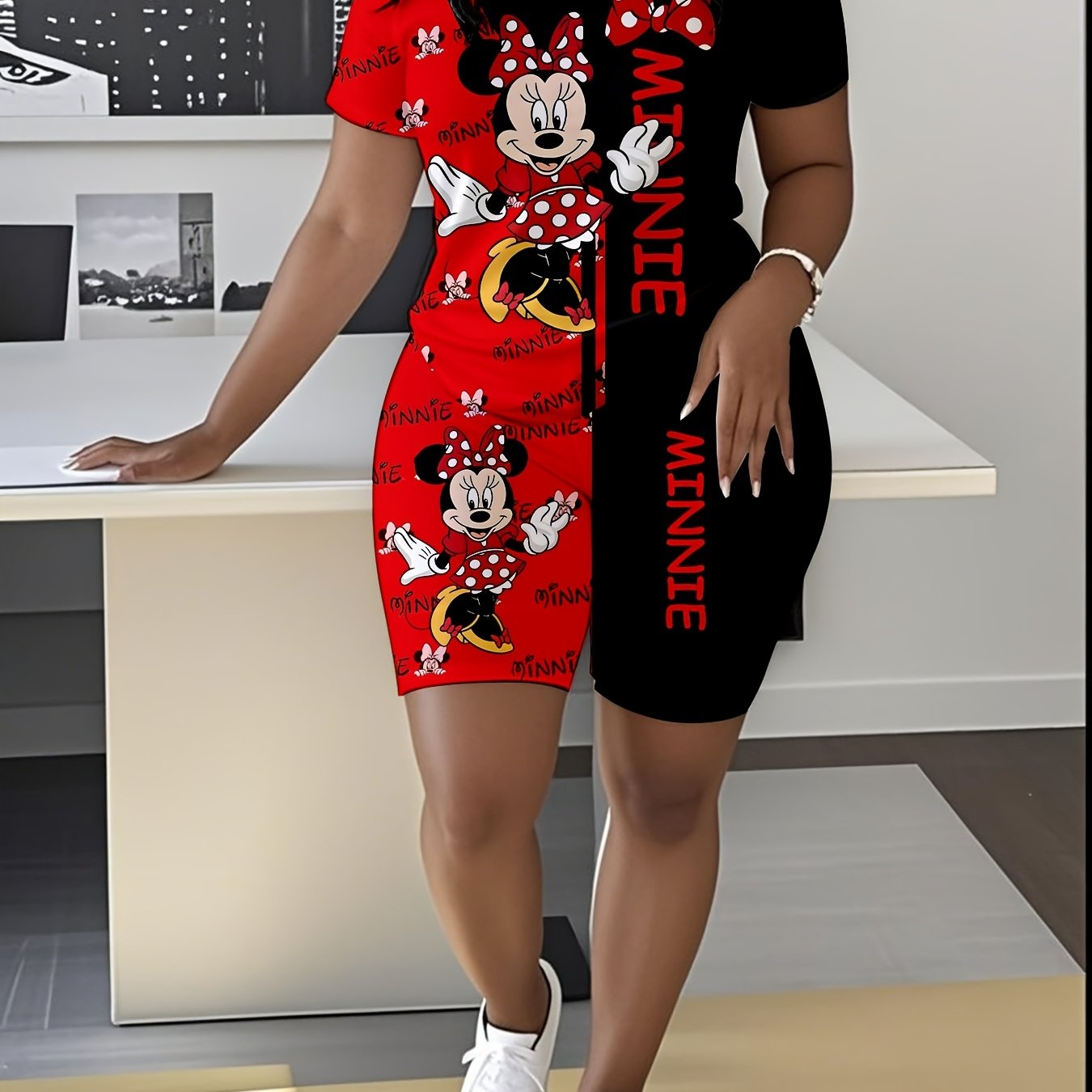 Plus Size Diseny Minnie And Mickey Mouse Two Piece Women's Sports Set, Short Sleeve Crew Neck Top And Sports Shorts Set, Women's Plus Size Suit, Loose Comfortable Sports Set