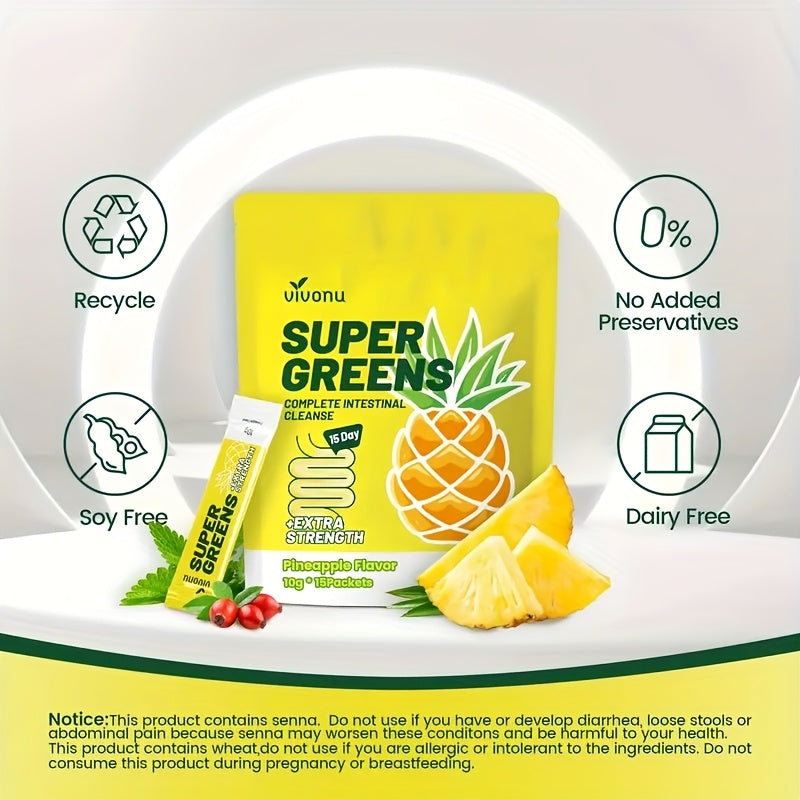 Super Greens | Pineapple Powder | Colon Cleanse And Digestive Support | Support Gut Health I Natural Sweetener No Artificial Flavors | Daily Fiber To Eliminate Toxins And Reduce Bloating (15 Servings/1 Bag)