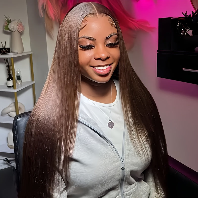 Chocolate Brown Straight Lace Front Wig - 13x4 HD Transparent Human Hair, 200% Density, Pre-Plucked with Baby Hair, Glueless Design for a Sleek, Natural Look