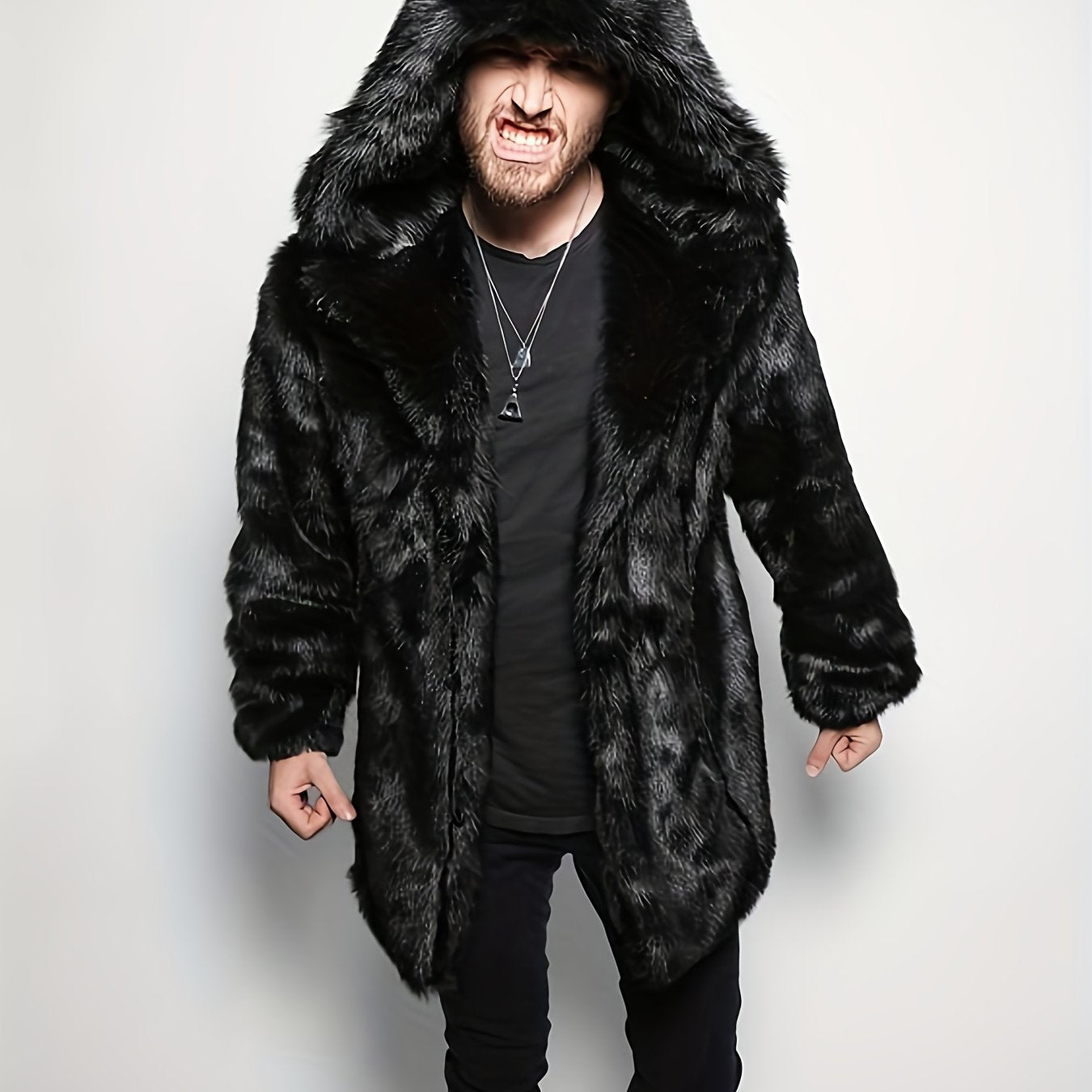 Men'S Luxury Faux Fur Coat - Mid-Length Mink-Like Jacket, Thick Windproof Winter Outerwear with Hood & Full-Zip Closure, Cozy Warm Lining, Casual Loose Fit Streetwear, Geometric Pattern, Lining, Autumn/Winter Jacket for Men (