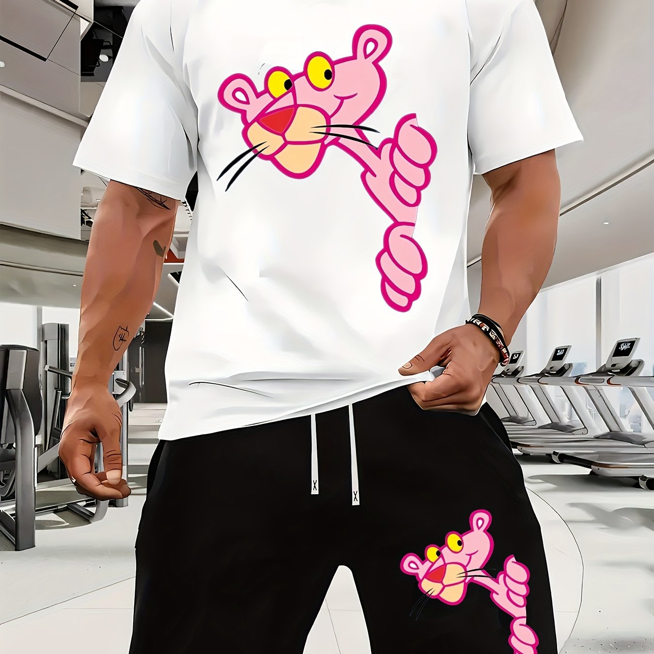 A Casual Sports Set Consisting of a Short-Sleeve T-Shirt Featuring a Stylish Pink Panther Cartoon Print And Fitted Shorts, Perfect for Spring And Summer Outfits.