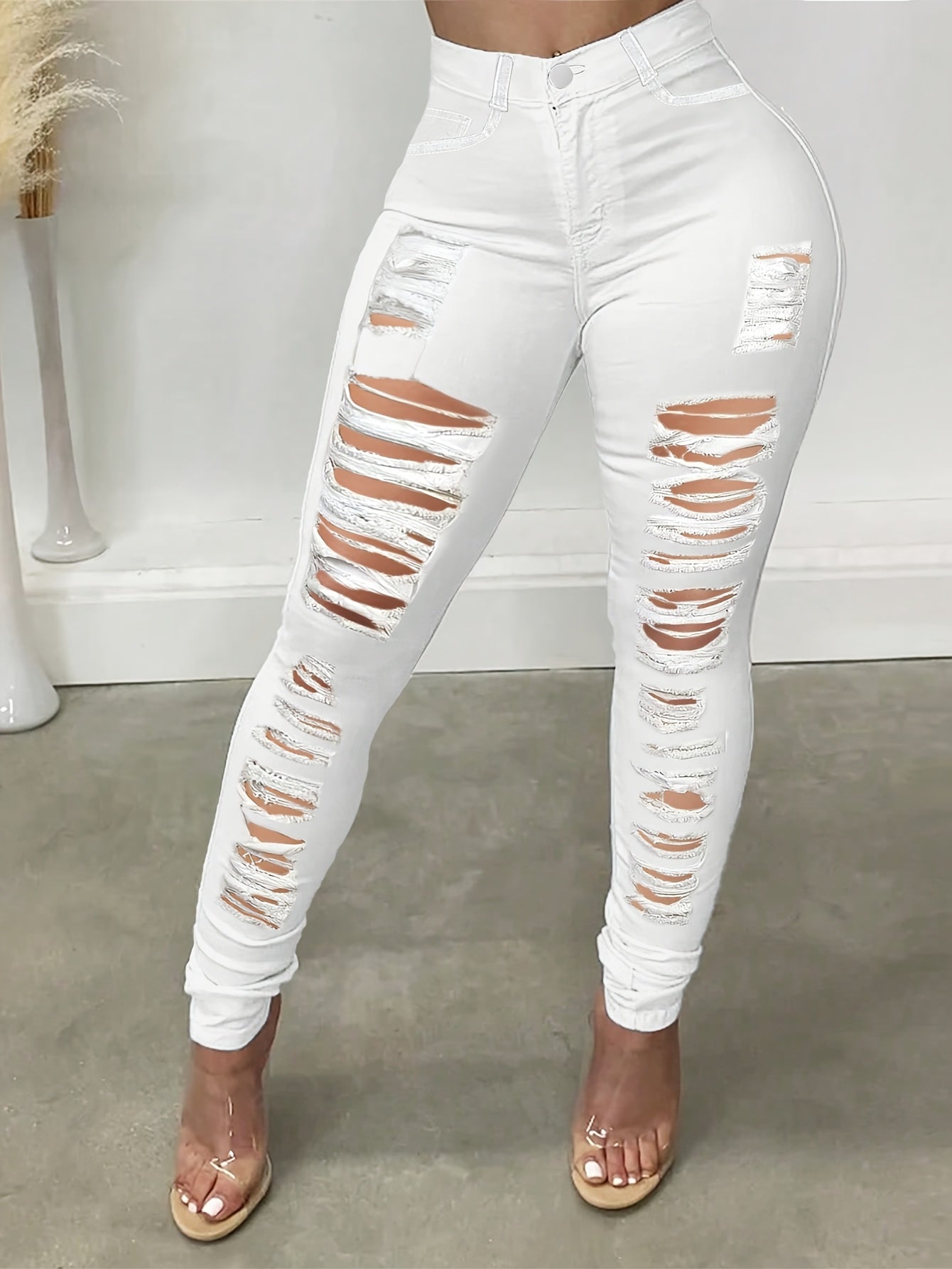 Ladies' Ripped Denim Pants - Fashionable, Practical, Elastic Leggings with Zipper Design | Daily Wear