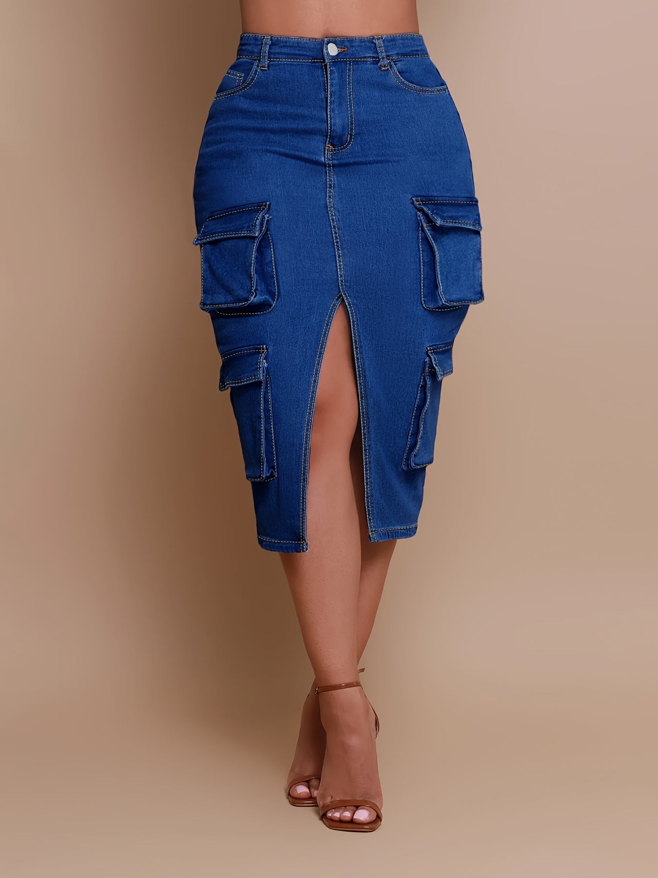 Plus Size Women'S Blue Denim Cargo Skirt - Multi-Pocket Bag Hip Design, Knee Slit Hem, Niche Joker Slimming Style, Summer Fashion Overskirt