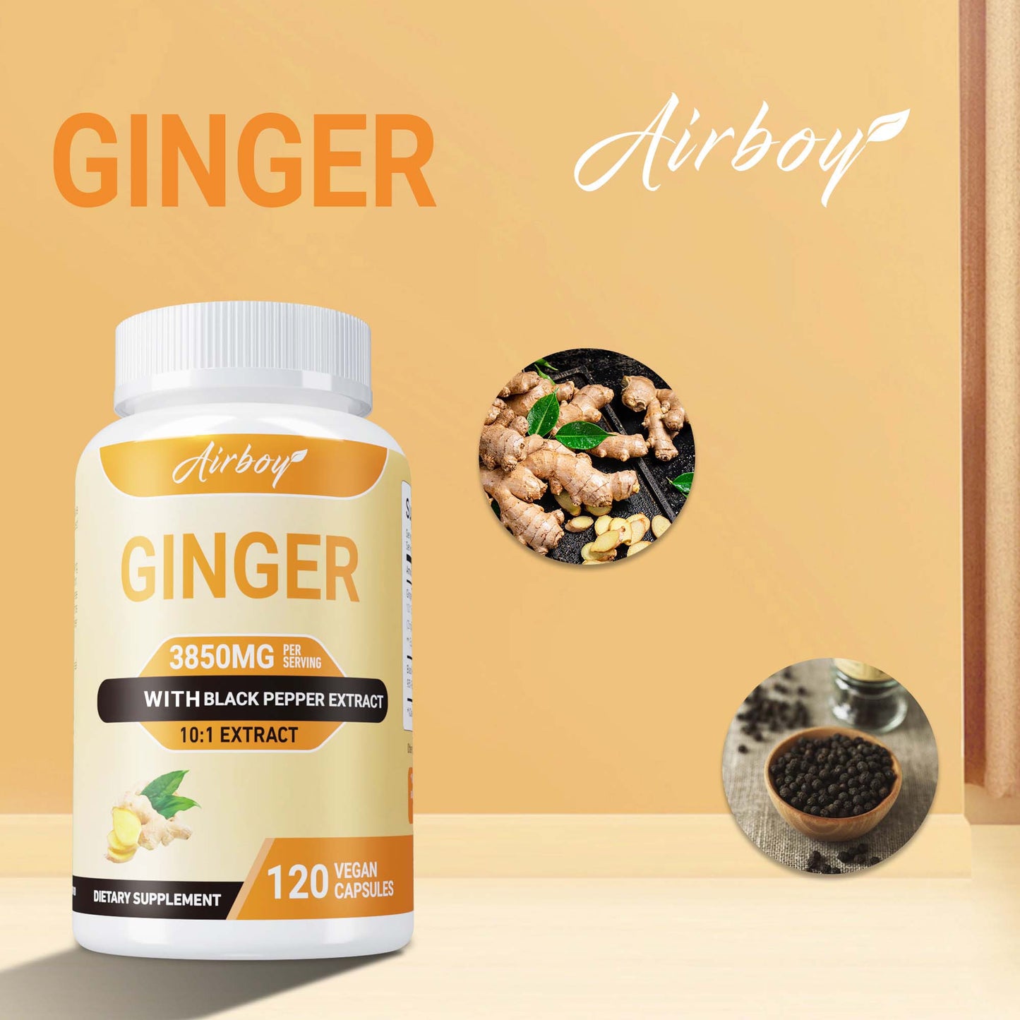 Ginger Capsules - with Black Pepper Fruit, Supports Immune and Digestive Health - 120pcs