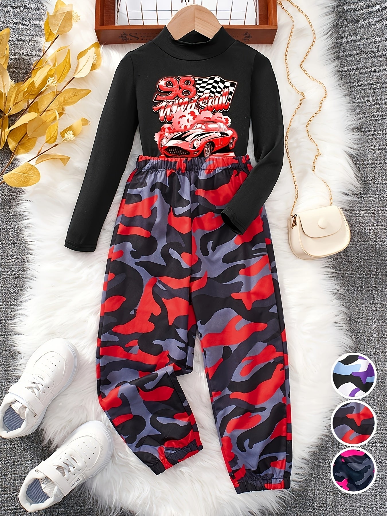 Girls 2pcs Set: Black Small High Collar Long Sleeve Pattern T-shirt + Camouflage Work Bag Jogging Pants, Suitable for Autumn, Suitable for 3 Years Old and Above, for Outdoor