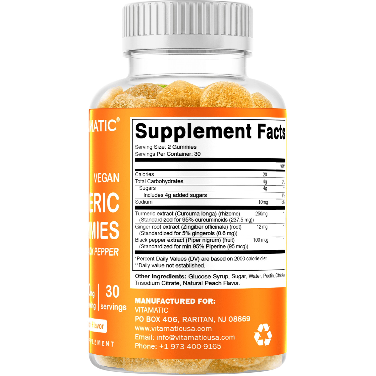 Vitamatic Turmeric Gummies with Ginger & Black Pepper Extract - 95% Curcuminoids - 60 Vegan Gummies