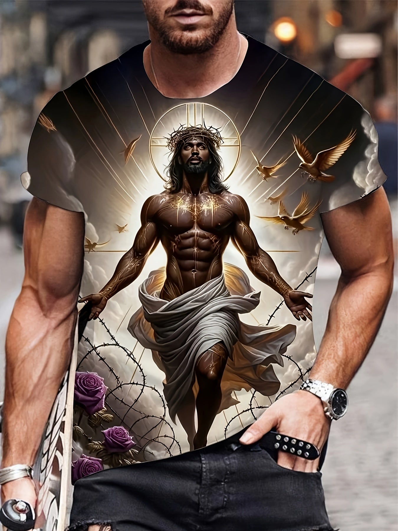 Men's 3D Baroque Messiah Art T-Shirt - Soft Polyester Summer Short Sleeve Tee with Full-Body Religious Art Print, Regular Fit for Casual, Travel & Vacation Wear, Comfortable Daily Shirt, Classic Round Neck, Durable Casual Shi