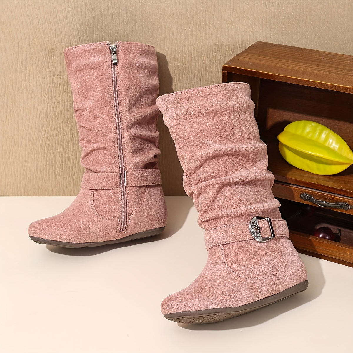 Ruffled Boot Cuffs with Decorative Buckle & Tassel, Flatter Round Toe Zipper Closure, Comfortable Fabric Lining, Casual Everyday Schoolgirl Boots for Girls - All-Season Versatile Mid-Calf (14 & Under)