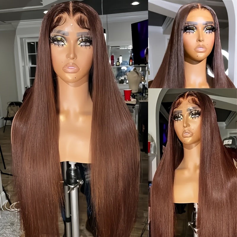 Chocolate Brown Straight Lace Front Wig - 13x4 HD Transparent Human Hair, 200% Density, Pre-Plucked with Baby Hair, Glueless Design for a Sleek, Natural Look