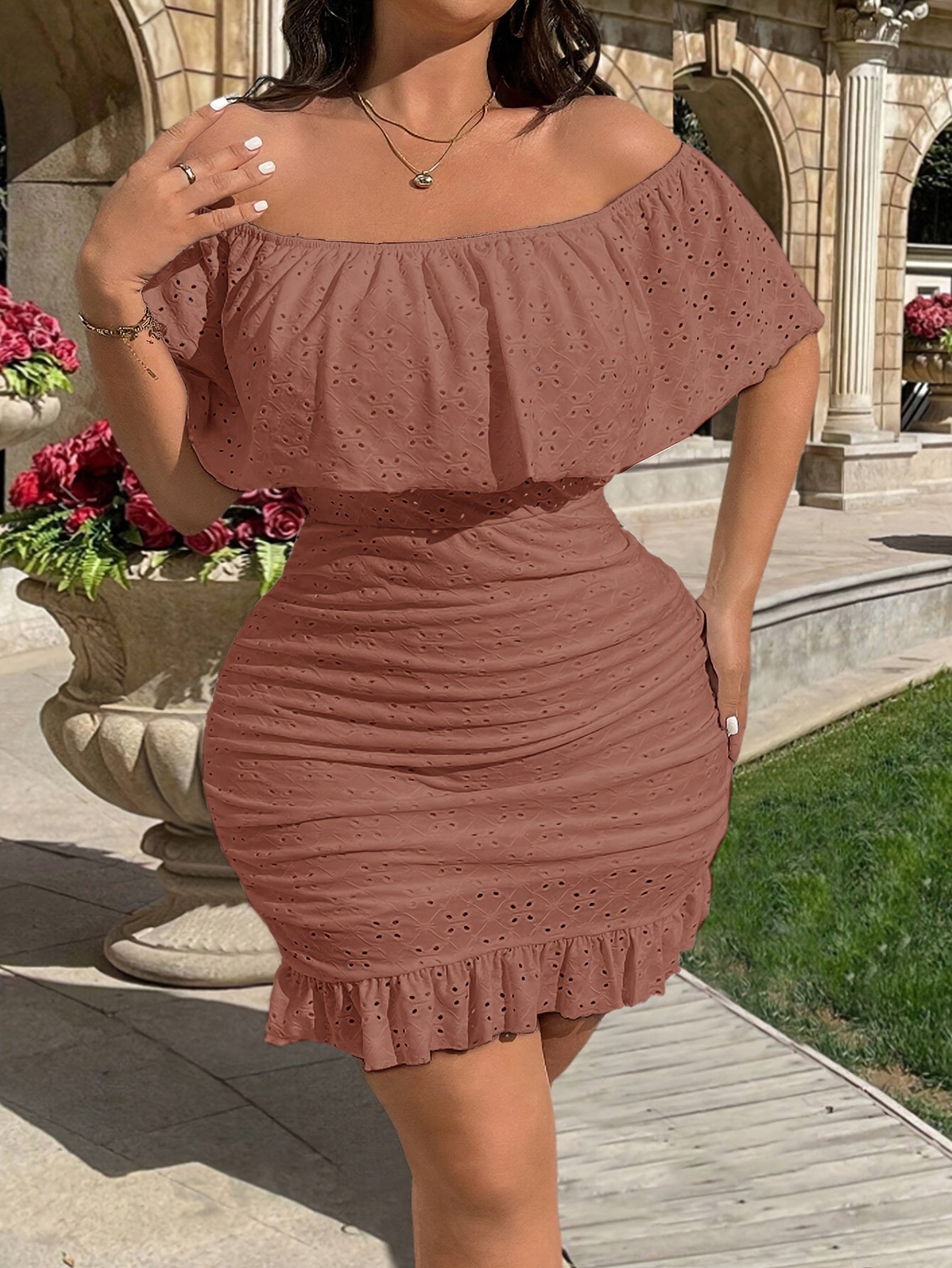 Elegant Off-Shoulder Bodycon Dress with Geometric Pattern - Stretchy Fabric, Frill Detail, All-Season Wear, Plus Size, Stylish Evening Attire|Elegant Offshoulder Style|Stretchy Dress