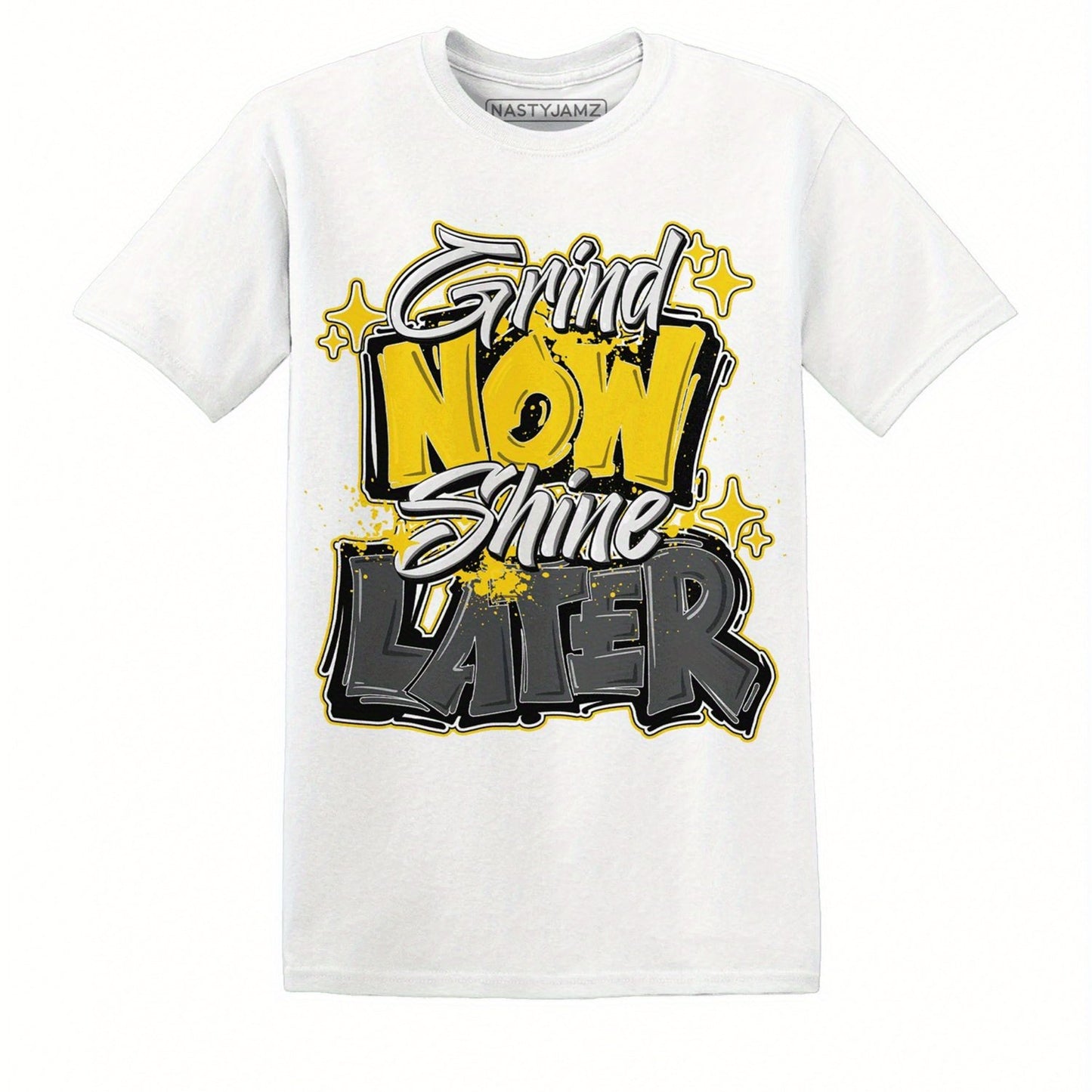 Men's Retro Streetwear T-Shirt with Bold 'GRIND NOW LATER' Graphic Print - 100% Soft Cotton, Pre-Shrunk & Machine Washable, All-Season Comfort, Regular Fit Crew Neck Tee in Bright Yellow & Black on White Base for Casual, Spor