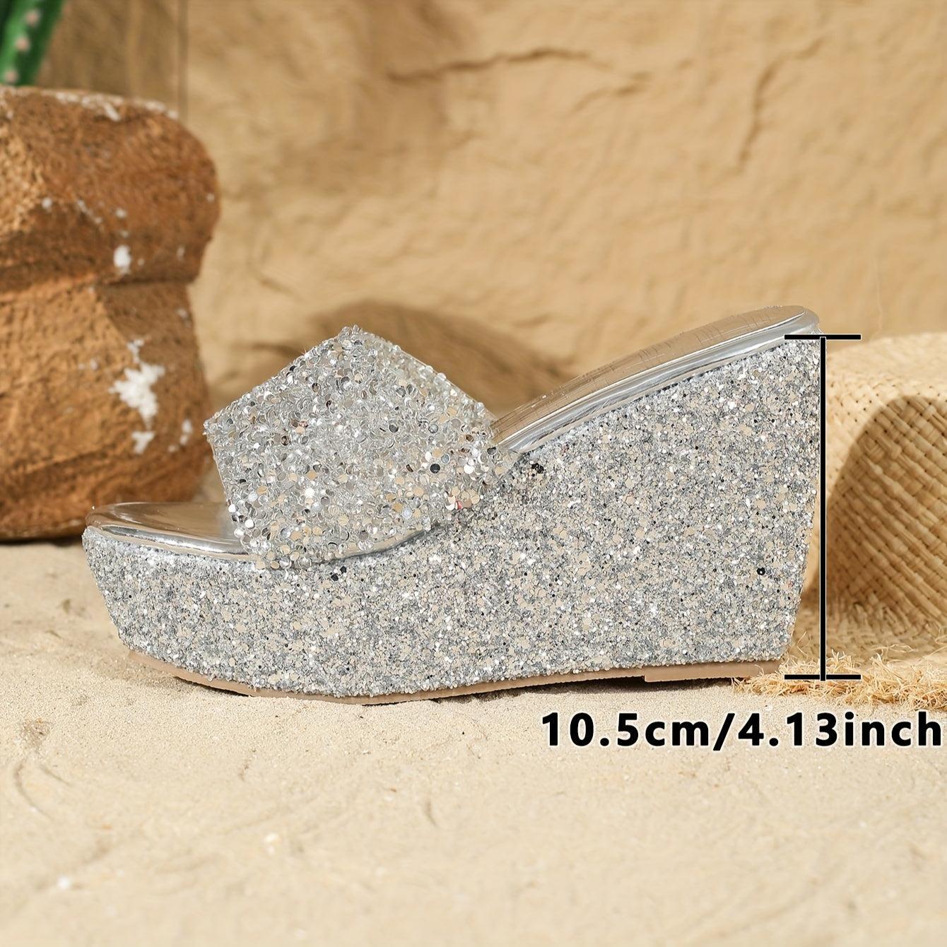 A Pair Of Women's Platform Sandals With Thick High Heels, Waterproof Soles, One-step Slip-on Design, Shiny Rhinestones And Wedge Heels.