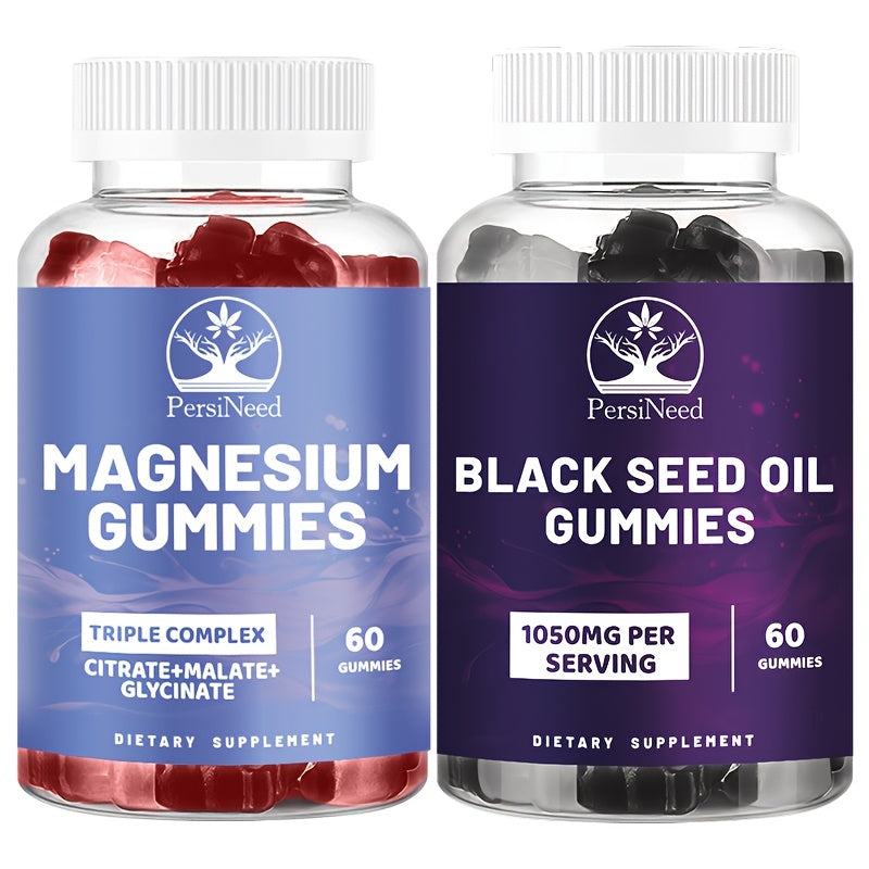 1 Bottle Black Seed Oil & Magnesium Gummies, 1000mg Each, Honey Extract, Sodium, Turkey Tail Mushroom, Triple Complex (Citrate, Malate, Glycinate), Salmon-Free, for Men & Women