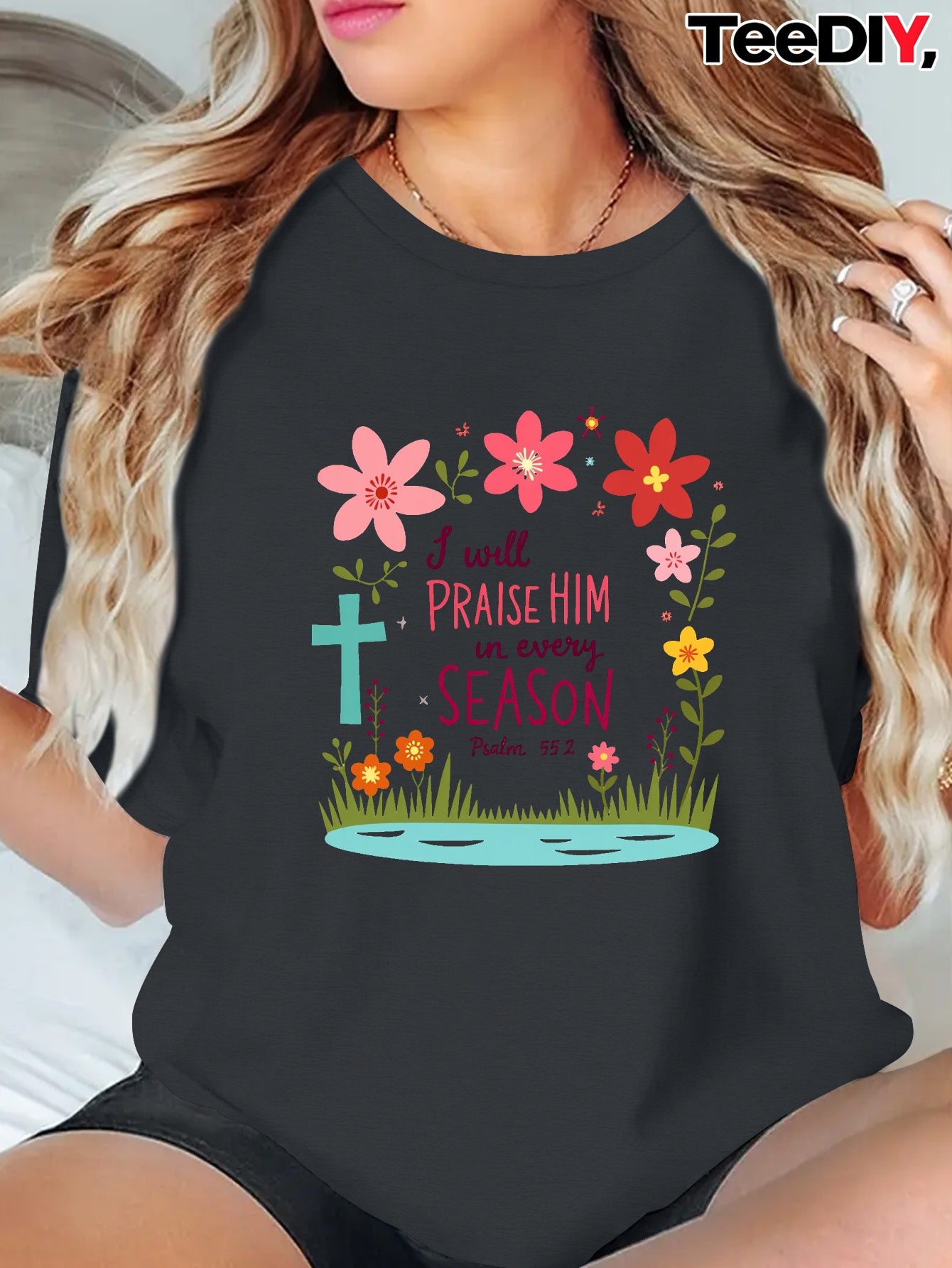 Women's Large Christian Faith Apparel T-Shirt - Praise Him Every Season Psalm Quote (Psalm 148:6) Religious Tee - Dark Background with Red Floral Cross Design - Breathable Casual Church Outfit - Machine Washable All-Season Sp