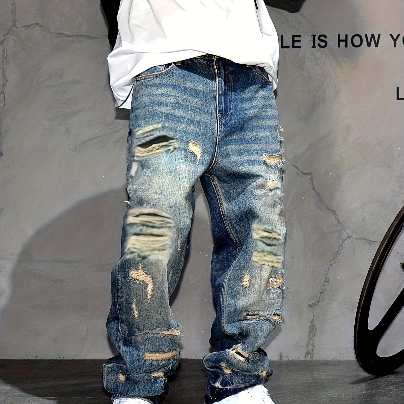 Men's American High-Street Distressed Patch Wide-Leg Jeans - Loose-Fit Straight-Leg Trousers with original, Casual Streetwear Pants for all-Season Wear (Hand Wash/Dry Clean) - Style over Function for Edgy Outfits