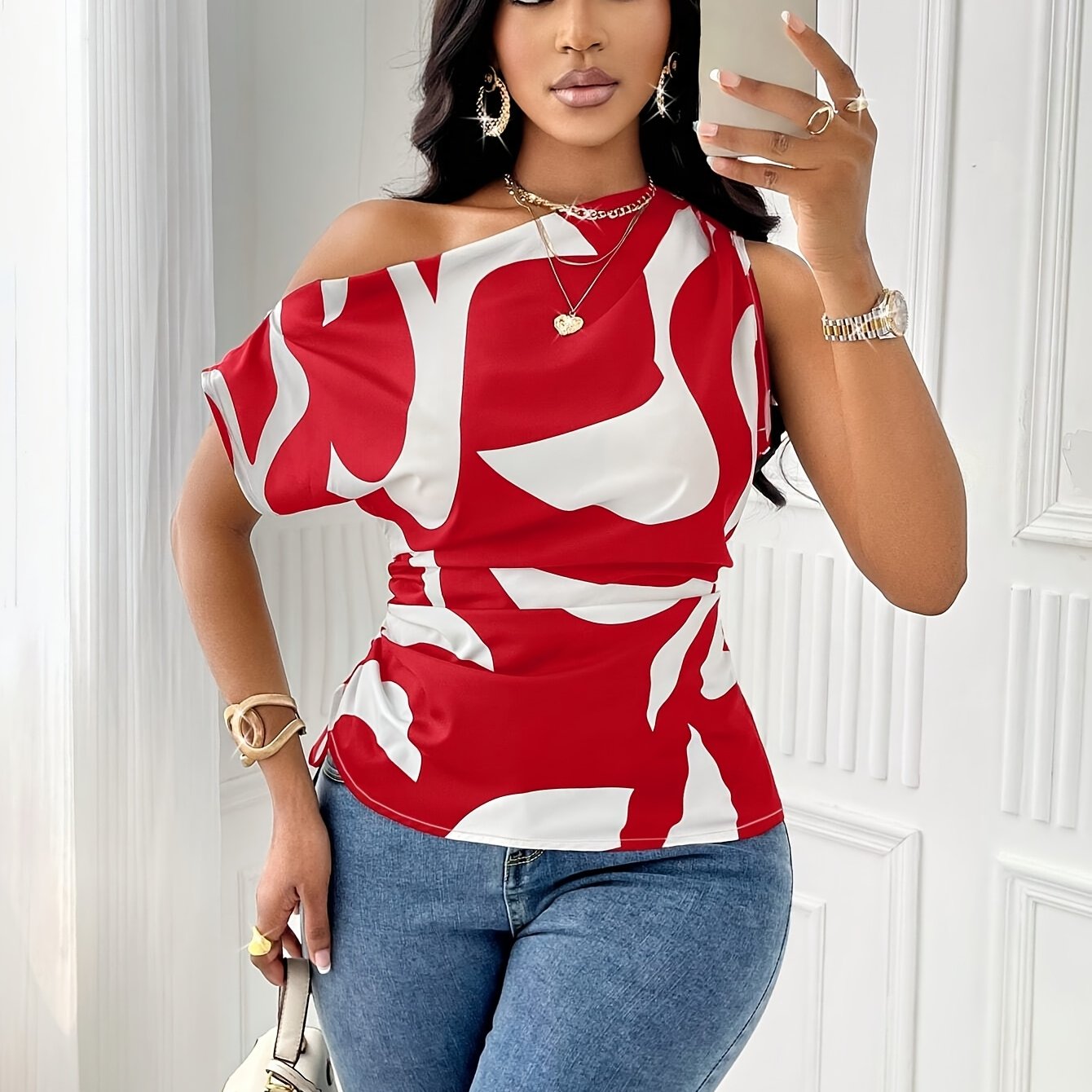 Geometric Printed Asymmetrical Shoulder Drawstring Ruched Side Blouse, Random Print For New Year Clothes One Shoulder Top