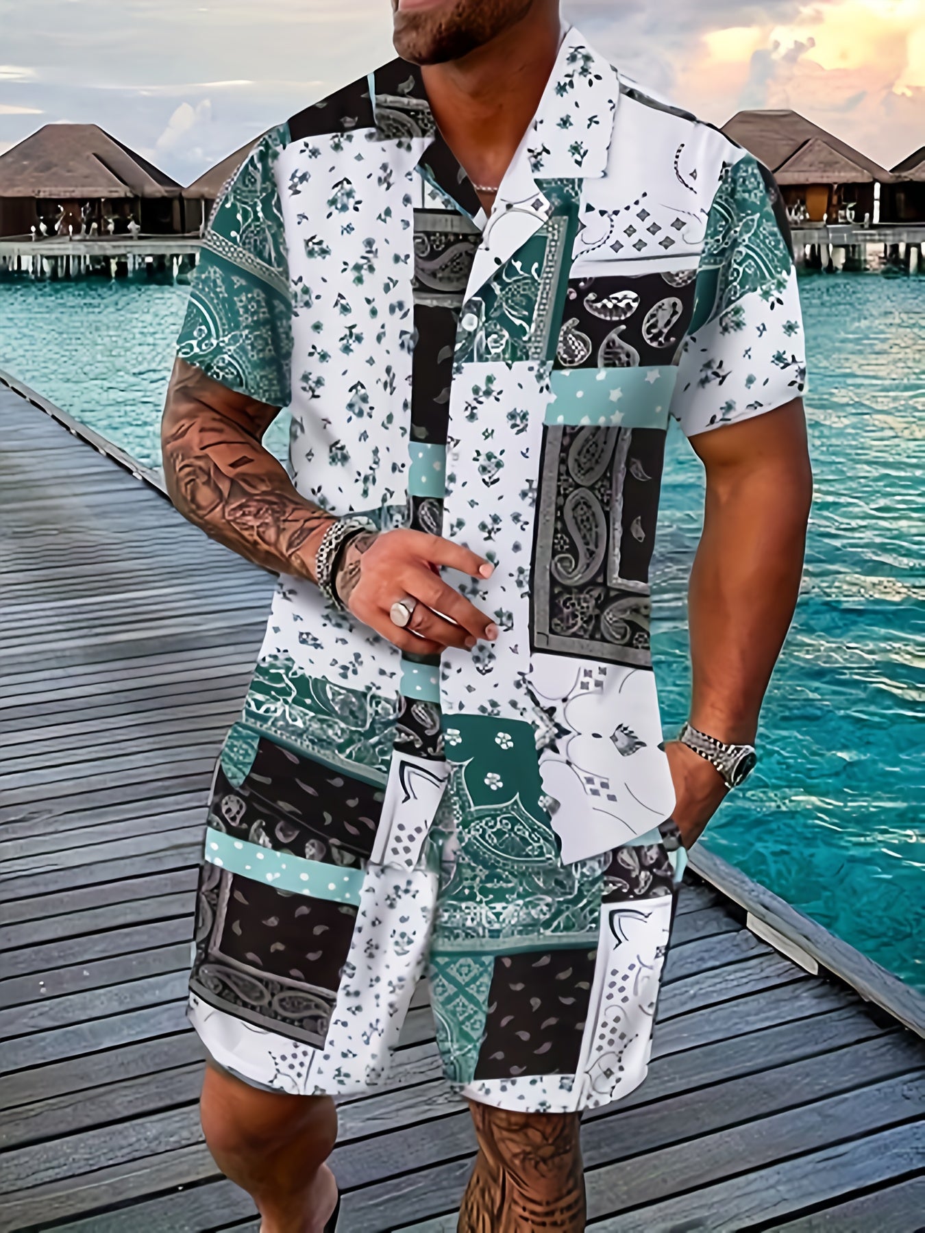Men's Two-piece Set, Casual Camping Collar Short Sleeved Shirt Hawaiian Shirt And Waist Cinching Shorts Set, Summer Men's Clothing