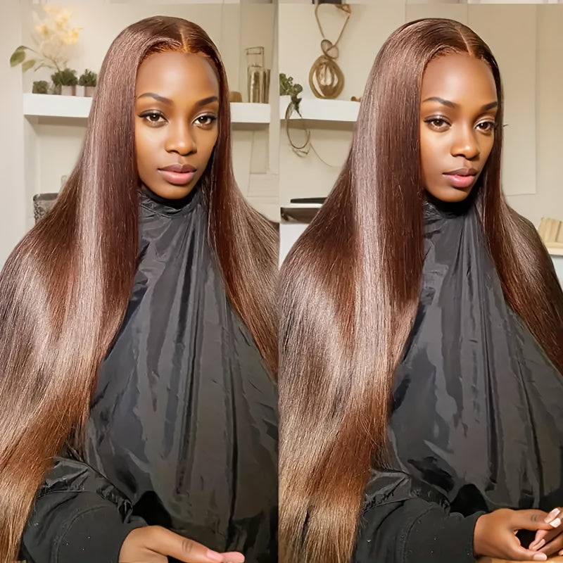 Chocolate Brown Straight Lace Front Wig - 13x4 HD Transparent Human Hair, 200% Density, Pre-Plucked with Baby Hair, Glueless Design for a Sleek, Natural Look