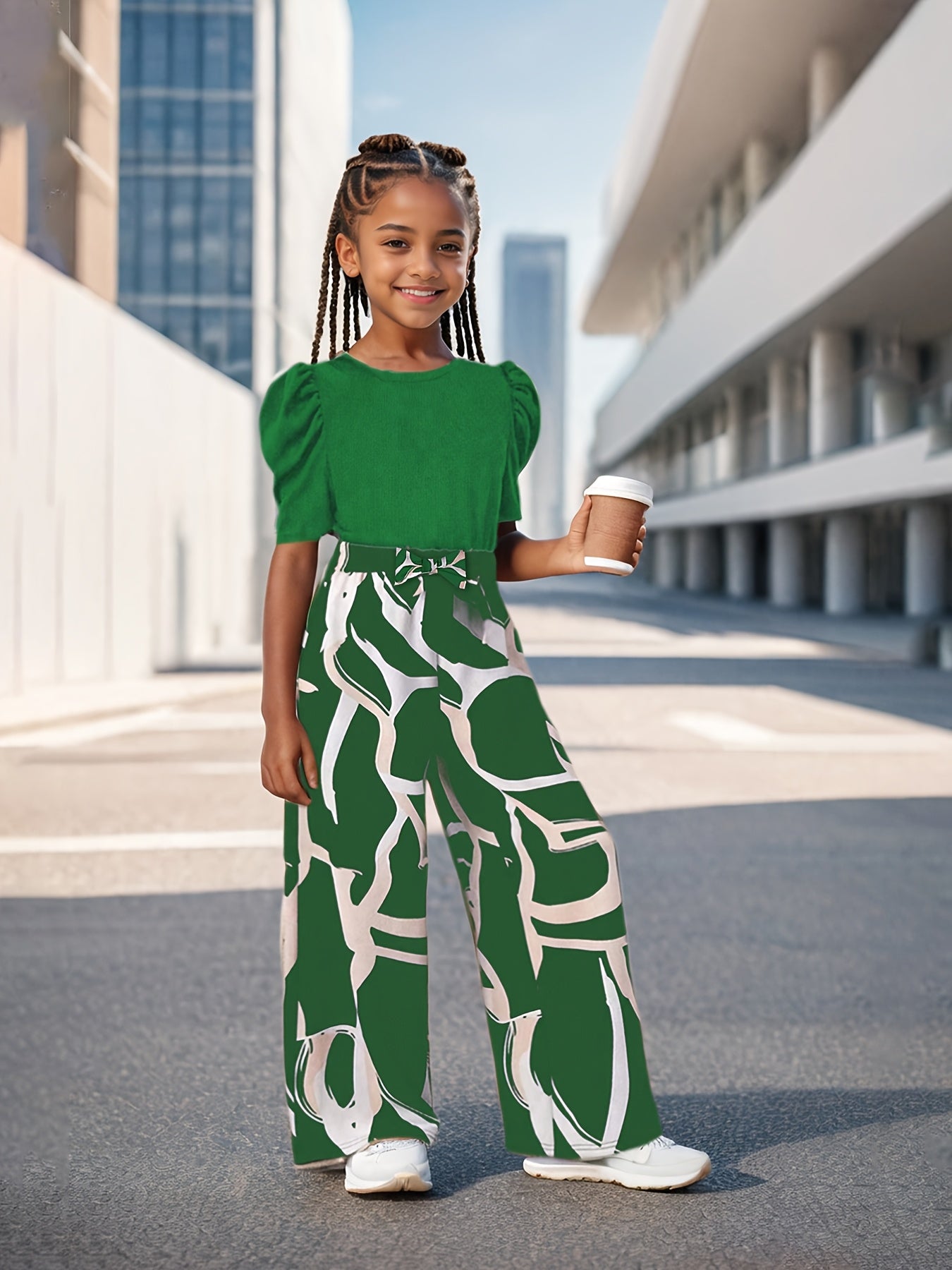 Bubble Sleeve Fashion Simple Top & Stylish Floral Print Wide Leg Pants, Girls' Long Trousers Set, Children's Casual Fashion Wide Leg Outfit Suitable for Ages 3 and Up, Perfect for Outdoor